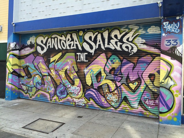 Colorful graffiti on garage door