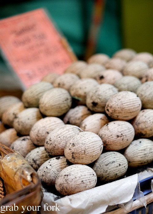 Striped salted duck eggs at the Graham Street market, Central district, Hong Kong