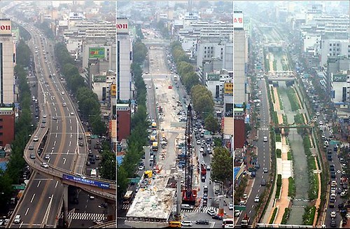 南韓清溪川高速公路， 曾經是每日運載量高達16萬8千車次的高速公路，改建河川之後也沒有造成擁塞，還改善了市容。圖片由作者提供。