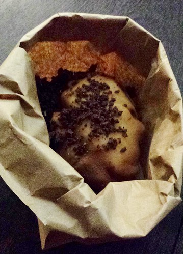 Danish potato cake: choux pastry, cream, sweet potato, marzipan, cookie crumb, tonka bean
