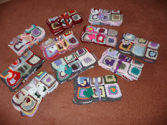 11 'Sunshine Blanket's from the Axa Purls Knitting Group. Many thanks to you all!