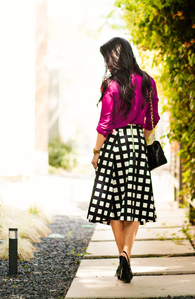 cute & little blog | petite fashion | radiant orchid shirt, kate spade windowpane checked skirt, orange flower bib statement necklace | spring outfit