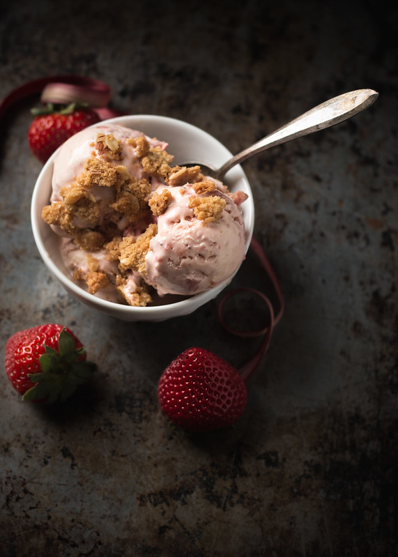 Strawberry Rhubarb Ice Cream with Crunchy Almond Crumble Topping