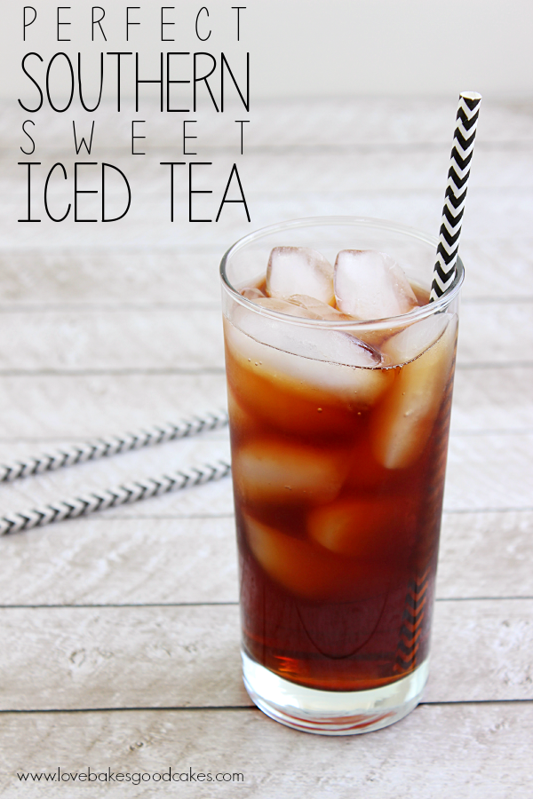 Perfect Southern Sweet Iced Tea in a glass with a straw.