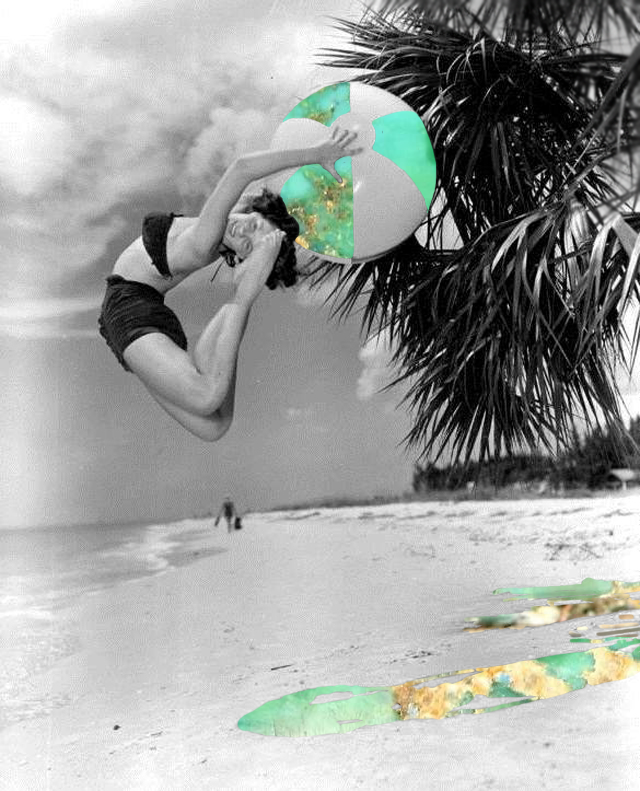 vintage fashion beach collage, happy summer shenanigans with turquoise background