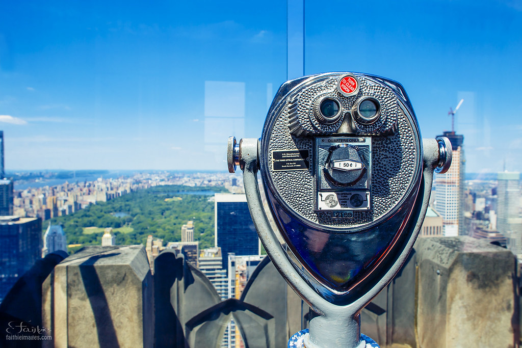Viewfinder looking down on Central Park from the 74th floor of the Rockefeller Center in New York observatory