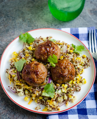 BBQ Turkey Meatballs over Cheddar-Corn Quinoa