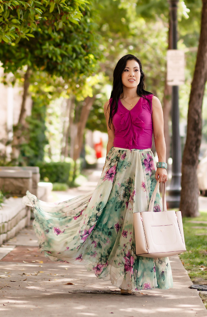 cute & little blog | petite fashion | radiant orchid eyelet ruffle top, chicwish chiffon floral maxi skirt | nude tote | spring summer outfit