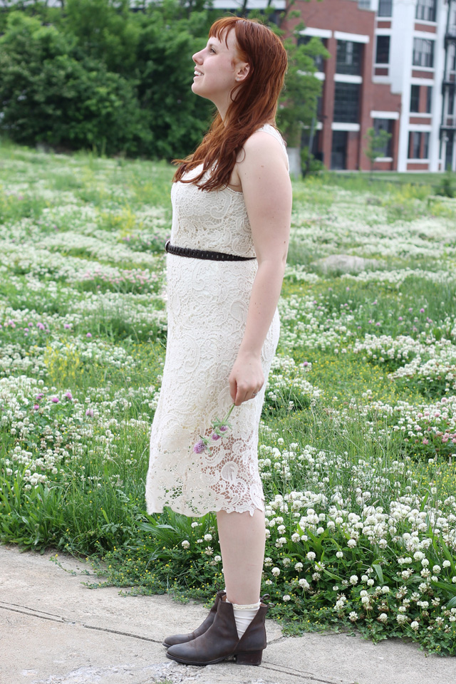 Ginger and Clover Outfit: Modcloth cream lace "Grace Yourself Dress", Free People lace "Daisy Lane Ankle Socks", Free People open leather Jeffrey Campbell "Cast and Crew Ankle Boots"