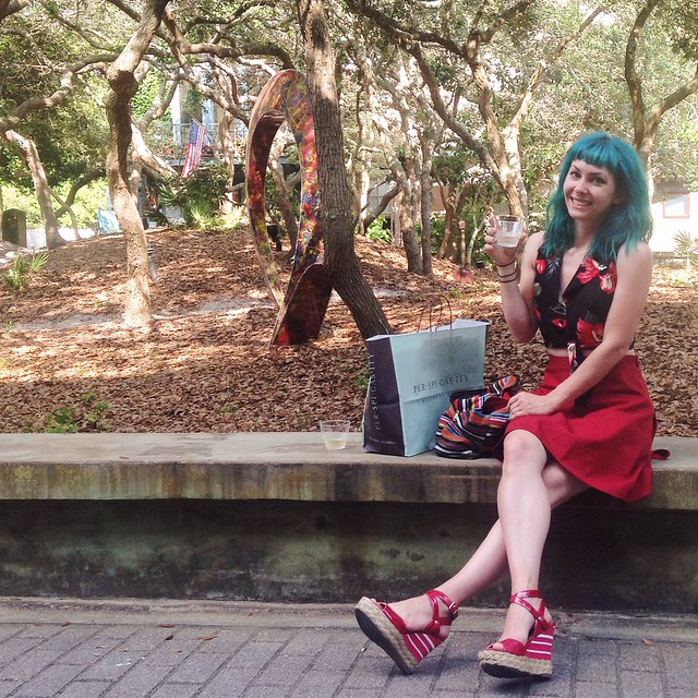 5/27 forgot to upload this yesterday! Drinking wine in Seaside, FL :) top: thrifted; skirt: Tilly's Miette (tie-less); shoes: Fergalicious #mmm14 #mmmay14