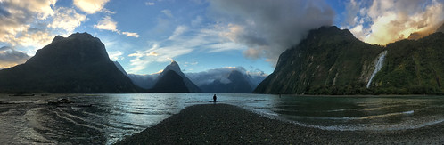 milford sound new zealand milfordsound newzealand low tide sunset clouds waterfall lady bowen falls ocean fjord fiord mitre peak panorama pano pacific south island