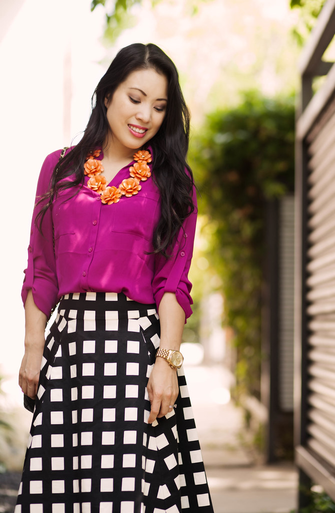 cute & little blog | petite fashion | radiant orchid shirt, kate spade windowpane checked skirt, orange flower bib statement necklace | spring outfit
