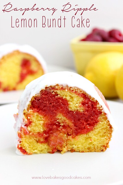 Raspberry Ripple Lemon Bundt Cake - a lemon bundt cake with a fun and yummy red raspberry ribbon layer, topped with a light raspberry glaze! #bundt #cake #lemon #raspberry