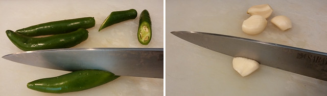 Slicing peppers and garlic