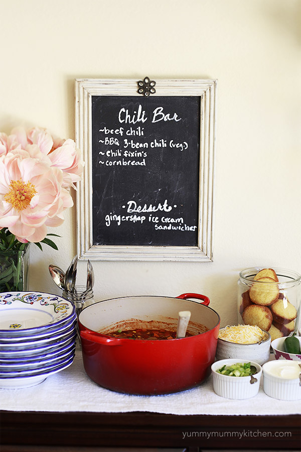 A party chili bar with vegetarian chili, cornbread, and chili fixin's! 
