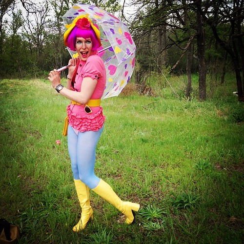 Drew knows how to dress for a wet afternoon! Don't forget to wear your rubbers...