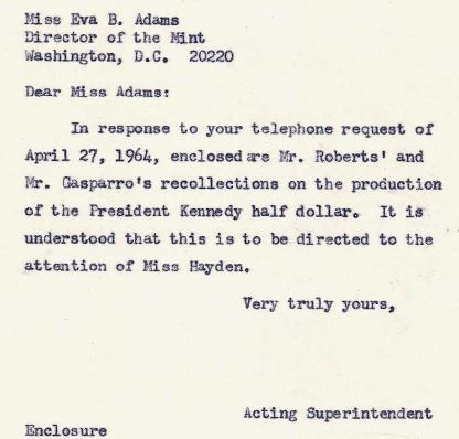 Letter to Eva Adams on Kennedy Half creation