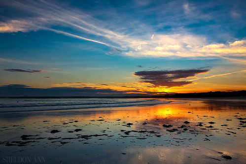 goose rocks beach maine water ocean sand sun sunset sky clouds blue orange reflections texture silhouette purple