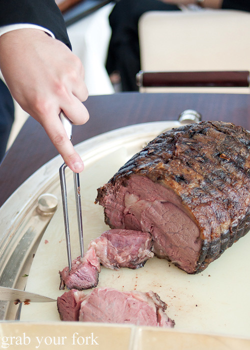 US prime rib slices being carved during Friday brunch at Prime 68, JW Marriott Marquis Dubai