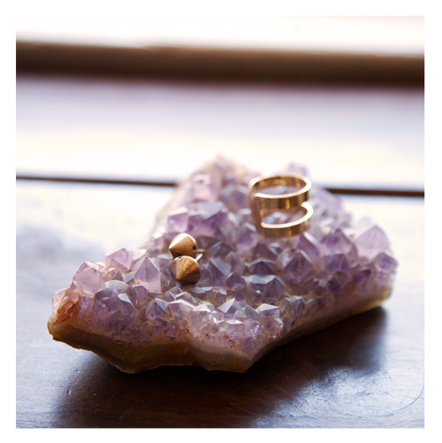 Moorea Seal Earrings and Ring on Raw Amethyst