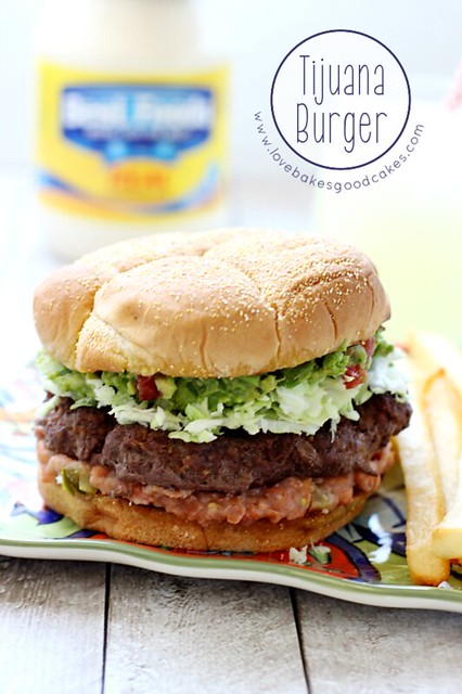 Tijuana Burger on a plate with french fries. 12 Grilling posts shared on Freedom Fridays.