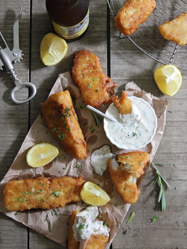 Rosemary cornmeal beer battered fish with tangy yogurt remoulade