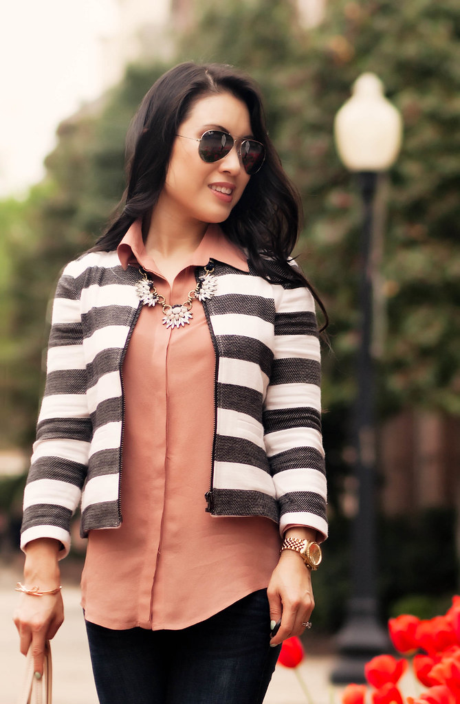 cute & little blog | loft boxy striped jacket, pink shirt, rag bone skinny jeans, chloe + isabel statement necklace | spring outfit