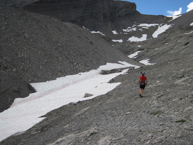 Melting snow patches as we hike off-trail north toward Bonnet Glacier