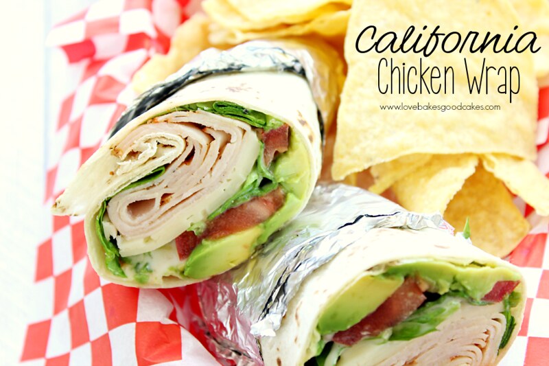 California Chicken Wrap cut in half in a basket with tortilla chips.