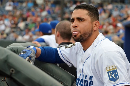 Omar Infante in the dugout