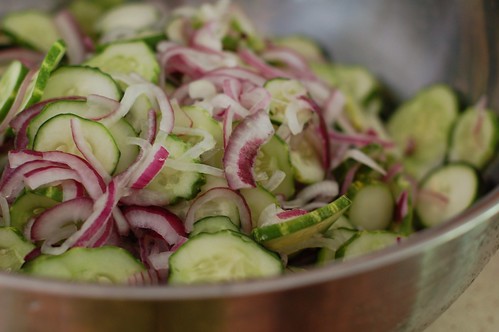 Sliced Cucumbers and Onions for Bread & Butter Pickles by Eve Fox, The Garden of Eating, copyright 2014