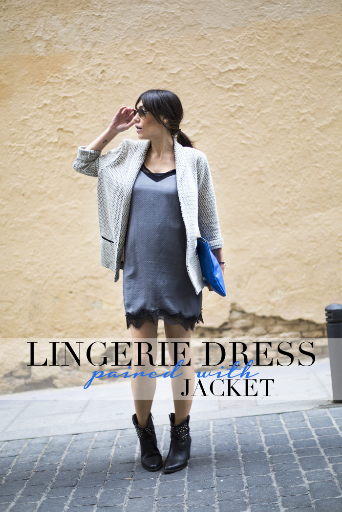 street style barbara crespo lingerie dress paired with jacket the corner stradivarius fashion blogger outfit blog de moda
