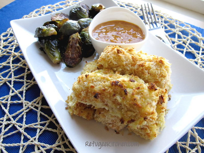 Baked Coconut Panko Fish Sticks w/ Spicy Mayo and Roasted Brussel Sprouts