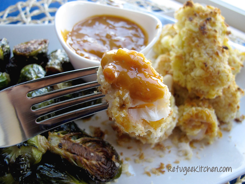 Baked Coconut Panko Fish Sticks w/ Spicy Mayo and Roasted Brussel Sprouts