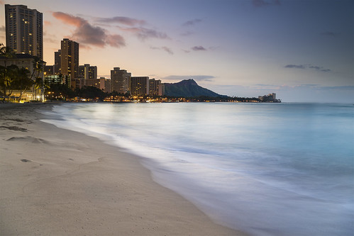 hawaii waikiki oahu water longexposure sunrise ocean beach sand city dawn canon canon1635f4l leefilters leebigstopper lee06ndgradsoft buildings skyline paradise