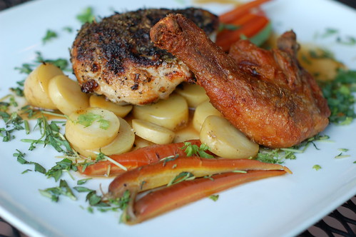 Chicken two ways - grilled breast, confit leg, roasted baby carrots, fingerling potatoes, herbs, charred lemon & jus at The Huguenot restaurant in New Paltz by Eve Fox, The Garden of Eating copyright 2014
