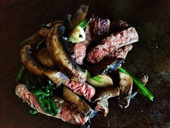 rump steak with portobello mushrooms and wild garlic leaves