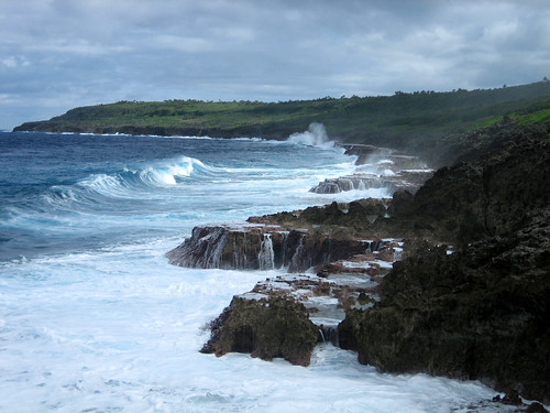 海浪拍打南太平洋上環繞紐埃島的珊瑚礁。圖片來源：Gadfium from Wikimedia Commons