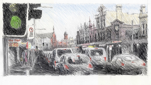 light colour green cars st pencil hotel sketch king traffic drawing sydney australia architect peter rush nsw coopers newtown