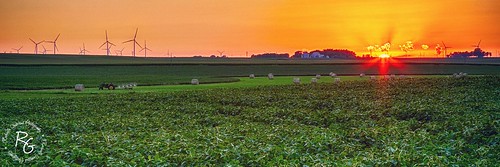 sunset panorama tractor field farm iowa ia lakepark beanfield haybale windfarm johndeere windgenerator spiritlake okoboji