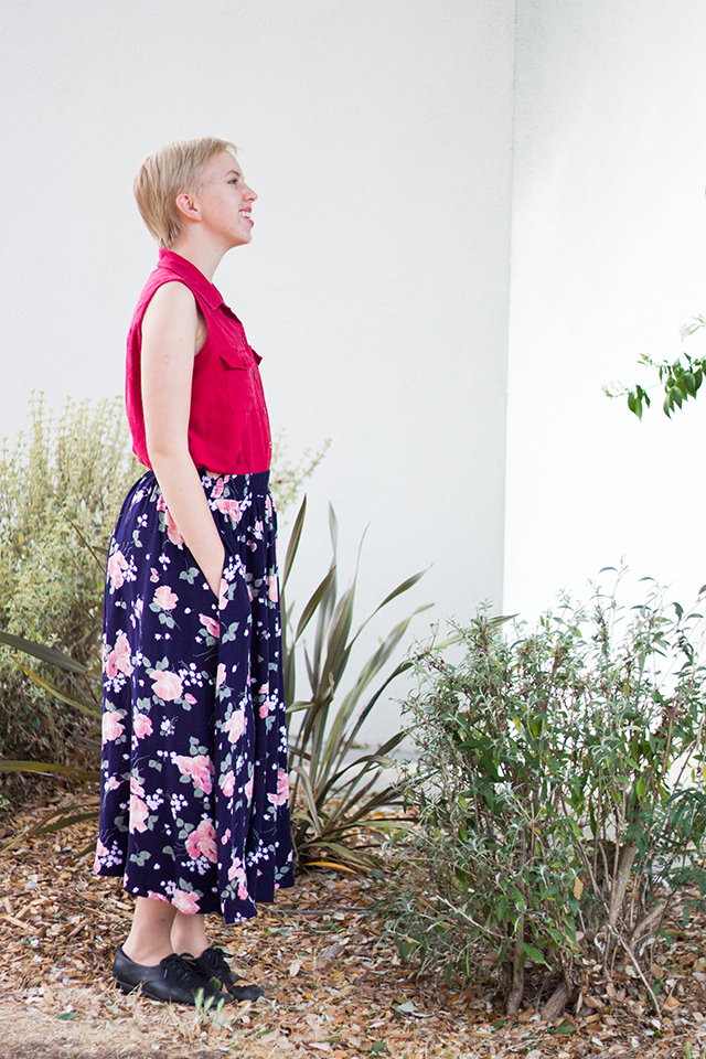 red silk sleeveless button-down blouse, long vintage floral skirt