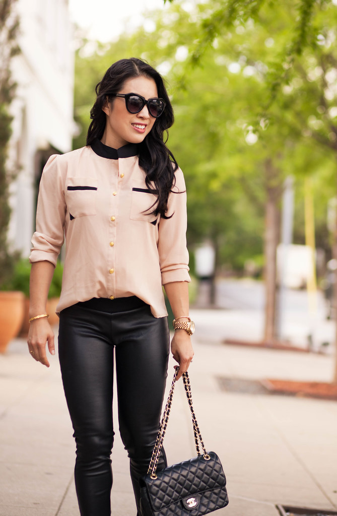 cute & little blog | petite fashion | pink chiffon shirt, leather panel ponte pants, louboutin pumps, chanel flap | classic edgy spring outfit