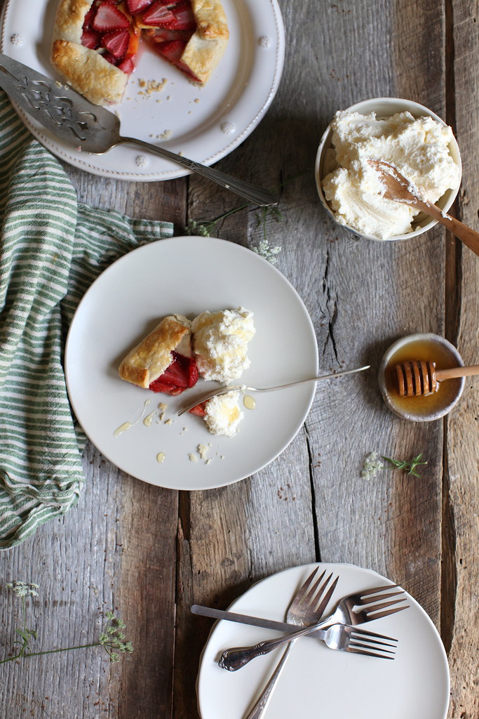strawberry + peach galette with honey whipped cream