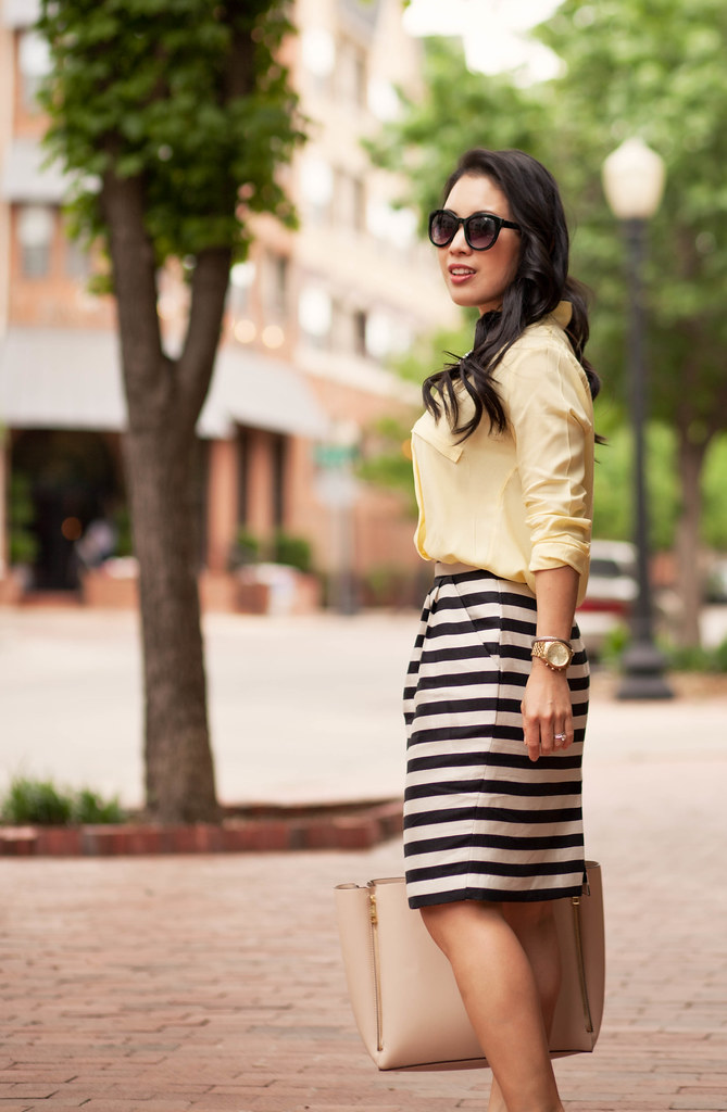 cute & little blog | petite fashion | spring outfit | yellow surplice silk top, black white striped skirt, crystal flower statement necklace, leopard pumps