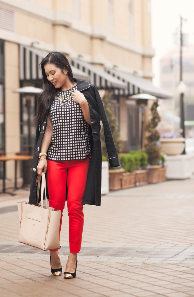 cute & little blog | black contrast piping trench, windowpane silk shirt, red sloan pants, nude gallery tote, statement necklace outfit