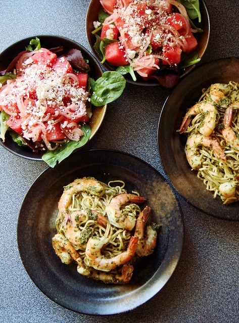 Almost No Cook Dinner: Watermelon Feta Salad, Pesto Shrimp Pasta