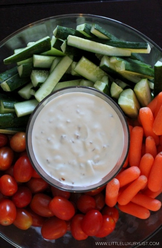 Onion dip top view with crudites by Chic n Cheap Living