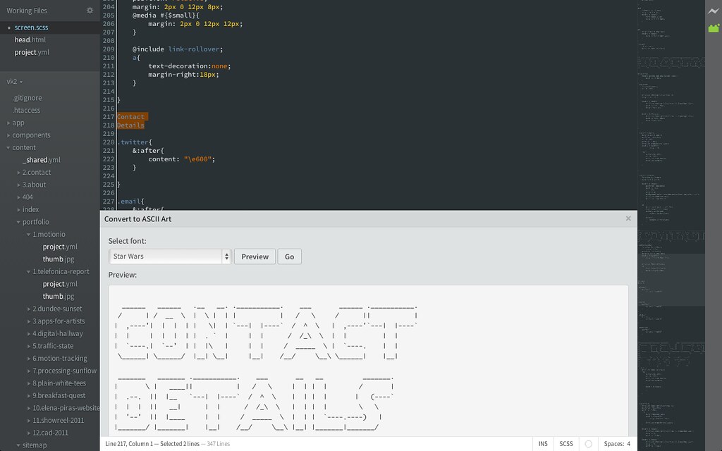 Screenshot of the plugin in action with a dark Brackets theme