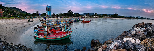 sea panorama seascape beach port sunrise boats dawn fishing pano