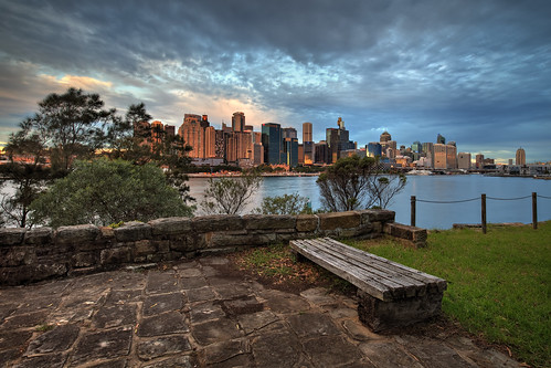 city cloud reflection water skyline buildings bench afternoon skyscrapers harbour bricks sydney australia nsw newsouthwales balmaineast goldenhour illourareserve